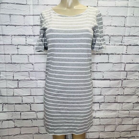 J. Crew White Gray Pullover Striped Bell Ruffled Short Sleeves Mini Dress XS - Picture 1 of 8